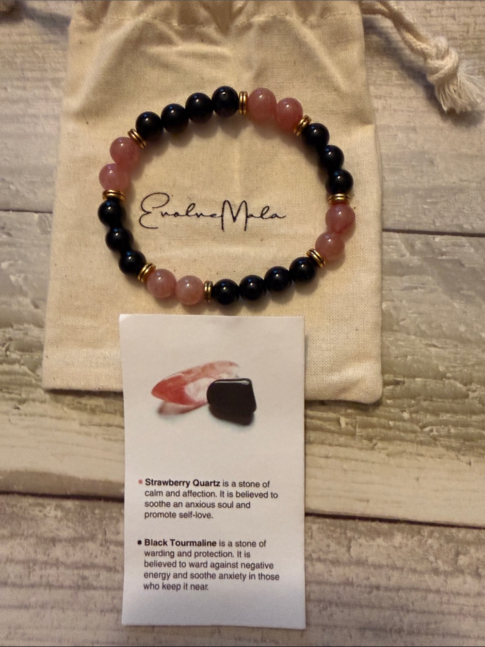 Strawberry Quartz & Black Tourmaline Beaded Bracelet - Pink & Black Evolve Mala